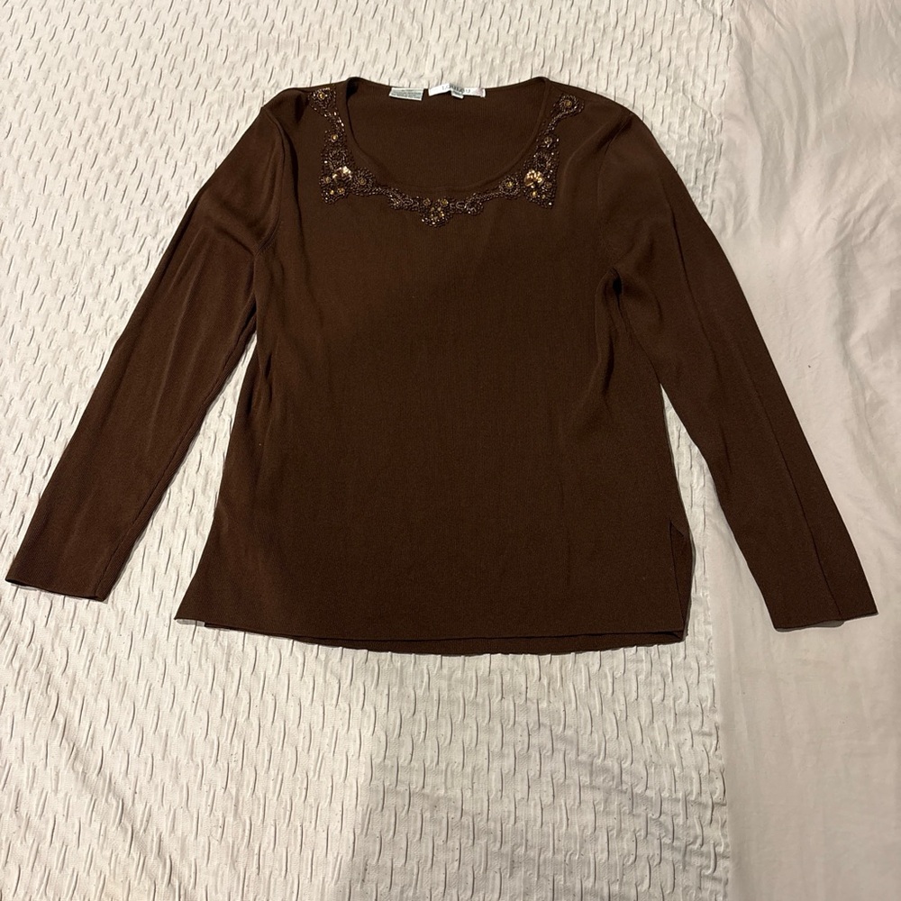 Brown Long Sleeve Knit Top with Beaded Scoop Neck